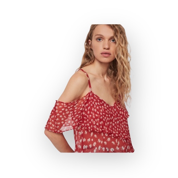 new Allsaints ✿ Off Shoulder Silk Semi Sheer Flowy Print Top ✿ Red Floral ✿ 6 ✿ - Picture 2 of 16